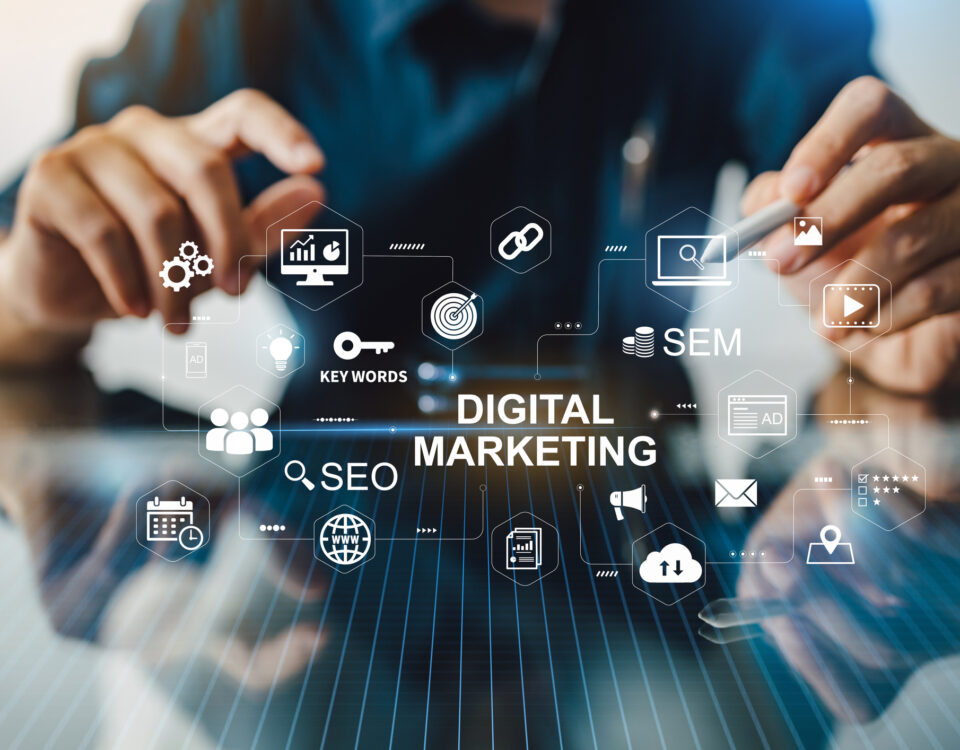 Digital marketing business technology concept. Website advertisement email social media network, SEO, SEM video and mobile application icons in virtual screen.